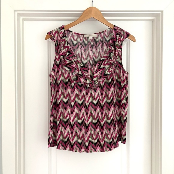 LOFT Ikat Palm Ruffle Shell Top S - Picture 3 of 8